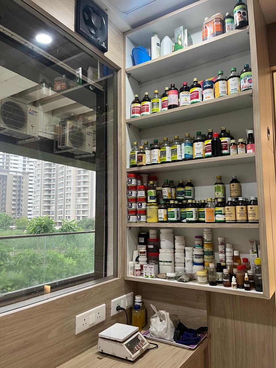 Classical Ayurvedic medicines stocked at the clinic dispensary